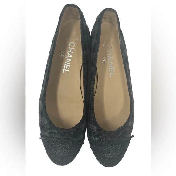 Chanel Ballet Cap toe Black Grey Plaid tweed textured flat size 37 - Picture 3 of 8